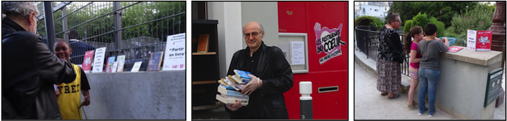 Interventions de rue de Pierre Martial et des bénévoles de Livres Partout pour défendre les livres et la lecture auprès des enfants et personnes défavorisées